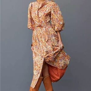 EUC Anthropology Love the Label Floral Button-front puff sleeve dress